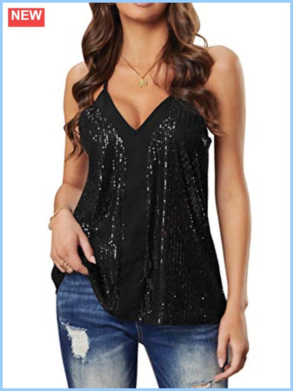 Sequin Cami Tank Top Sparkle Party Adjustable Spaghetti Strap Layering Top